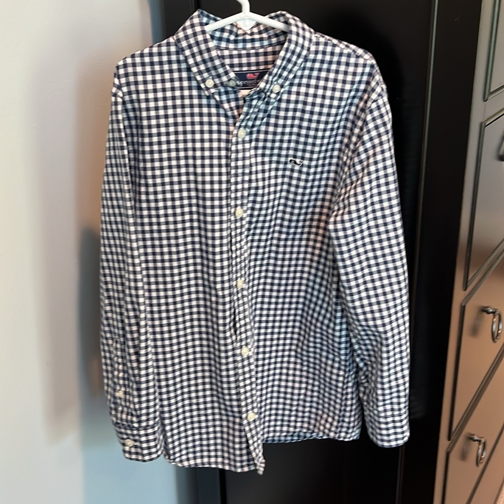Vineyard Vines, 100% cotton Whale shirt, navy & white plaid